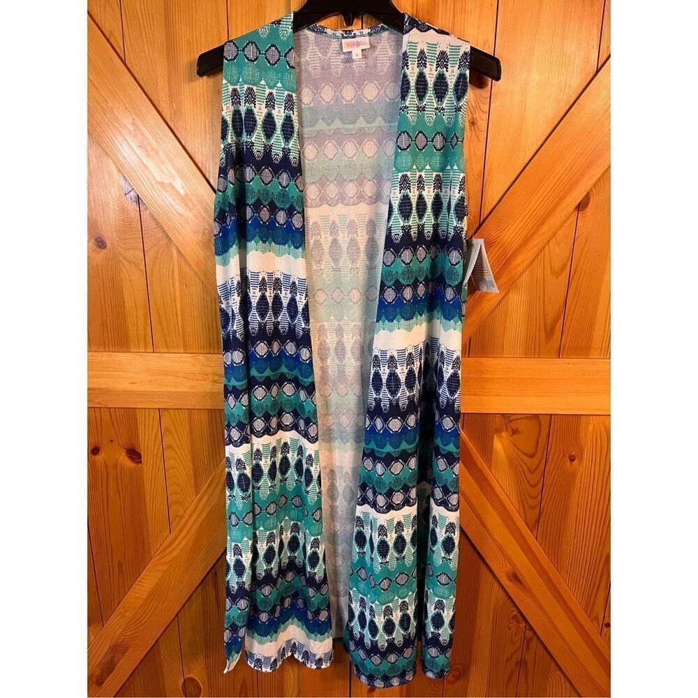 LuLaRoe Joy Long Cardigan Duster Vest Size Small Aqua/Blue Sleeveless Open Front